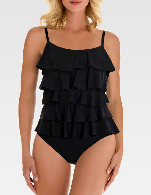 Tiered Ruffle Black One Piece Bathing Suit Style Uncovered