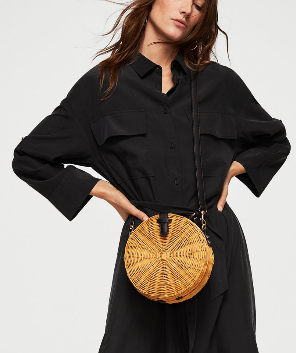 Bamboo Straw Round Bag with Black Leather Straps Mango